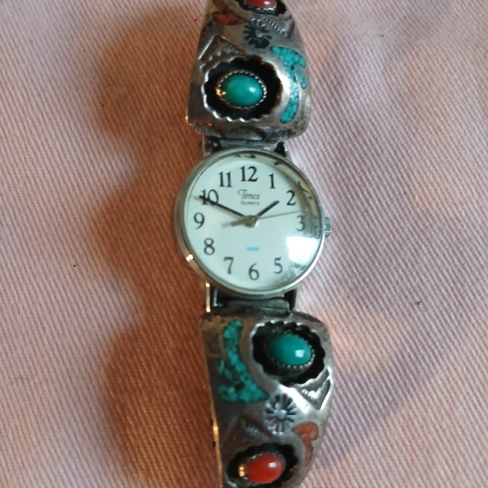 Timex Sterling Silver Bracelet Watch with Turquoise and Coral Accents